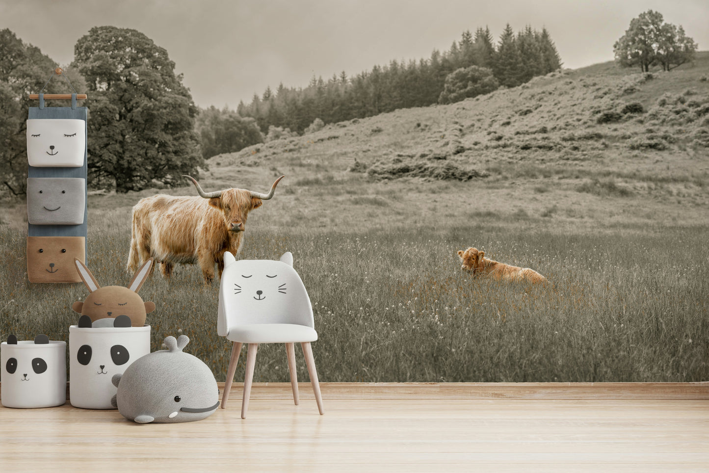 Shaggy cow in countryside scene
