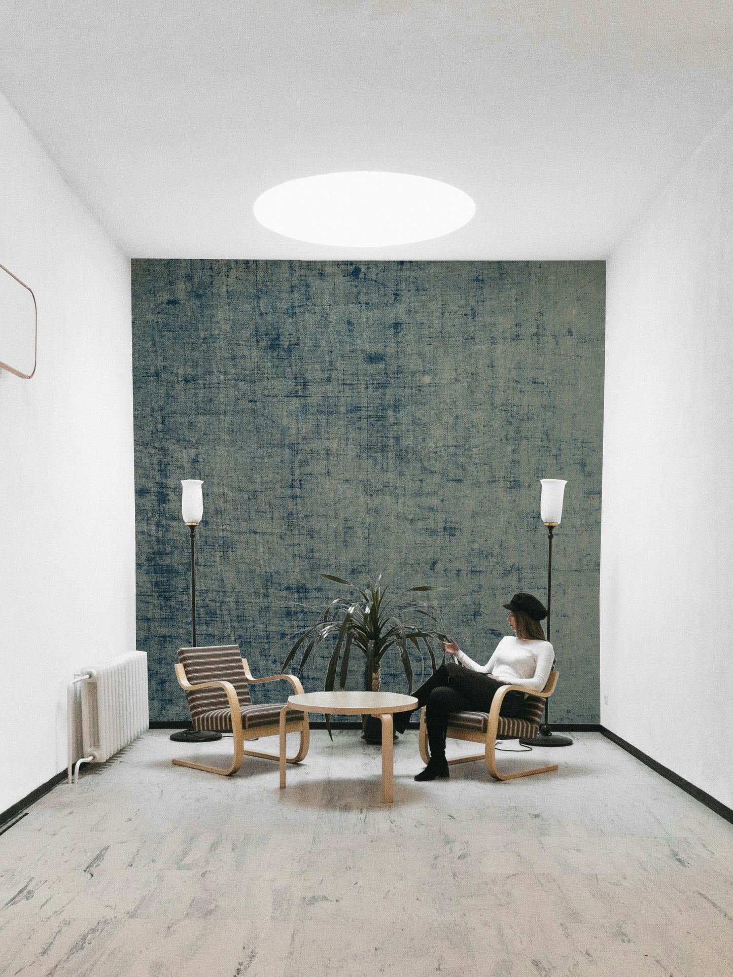 Distressed linen mural in denim tones
