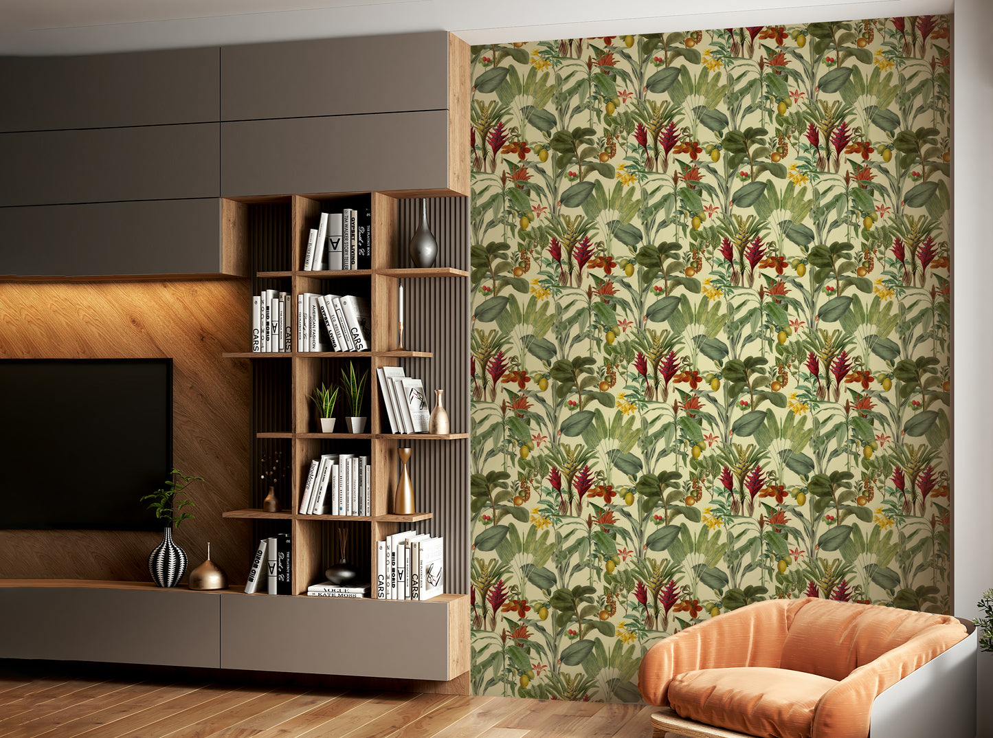 Tropical fruits and plants on wallpaper

