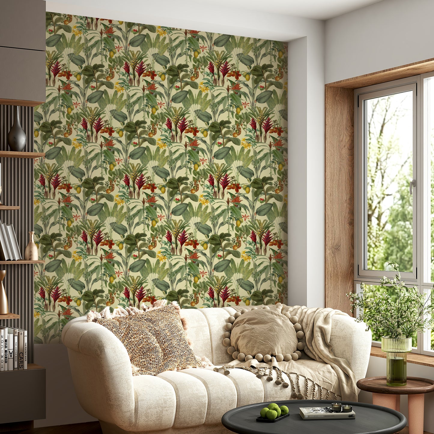Interior wall with tropical wallpaper design

