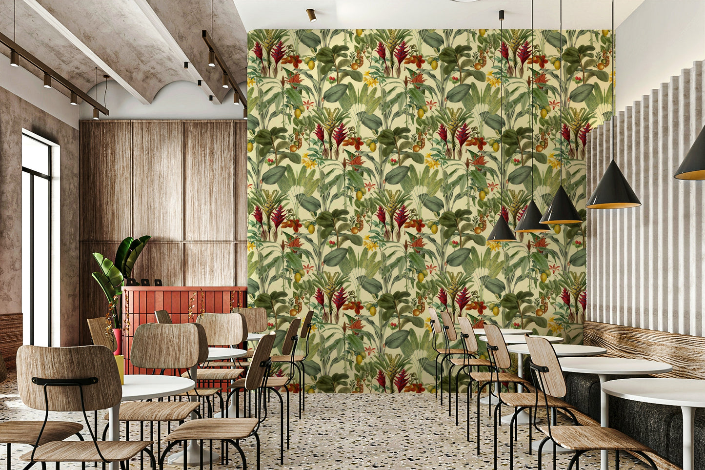 Bold botanical design on leafy mural wallpaper

