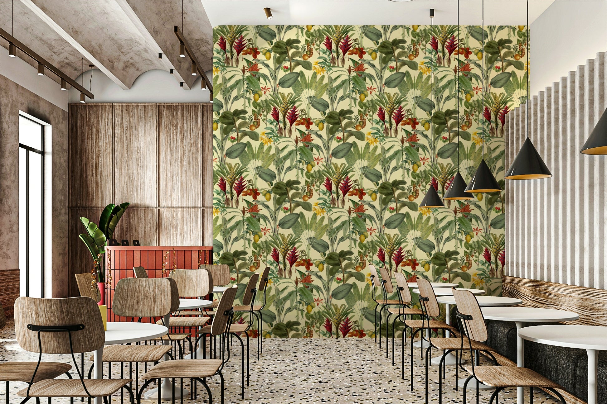 Bold botanical design on leafy mural wallpaper

