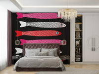 Red pink white fish pattern on black
