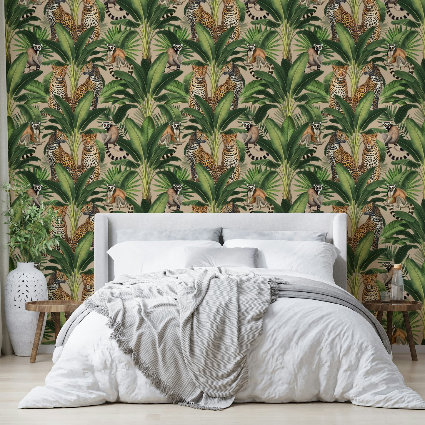 Monkey climbing branches on beige wallpaper

