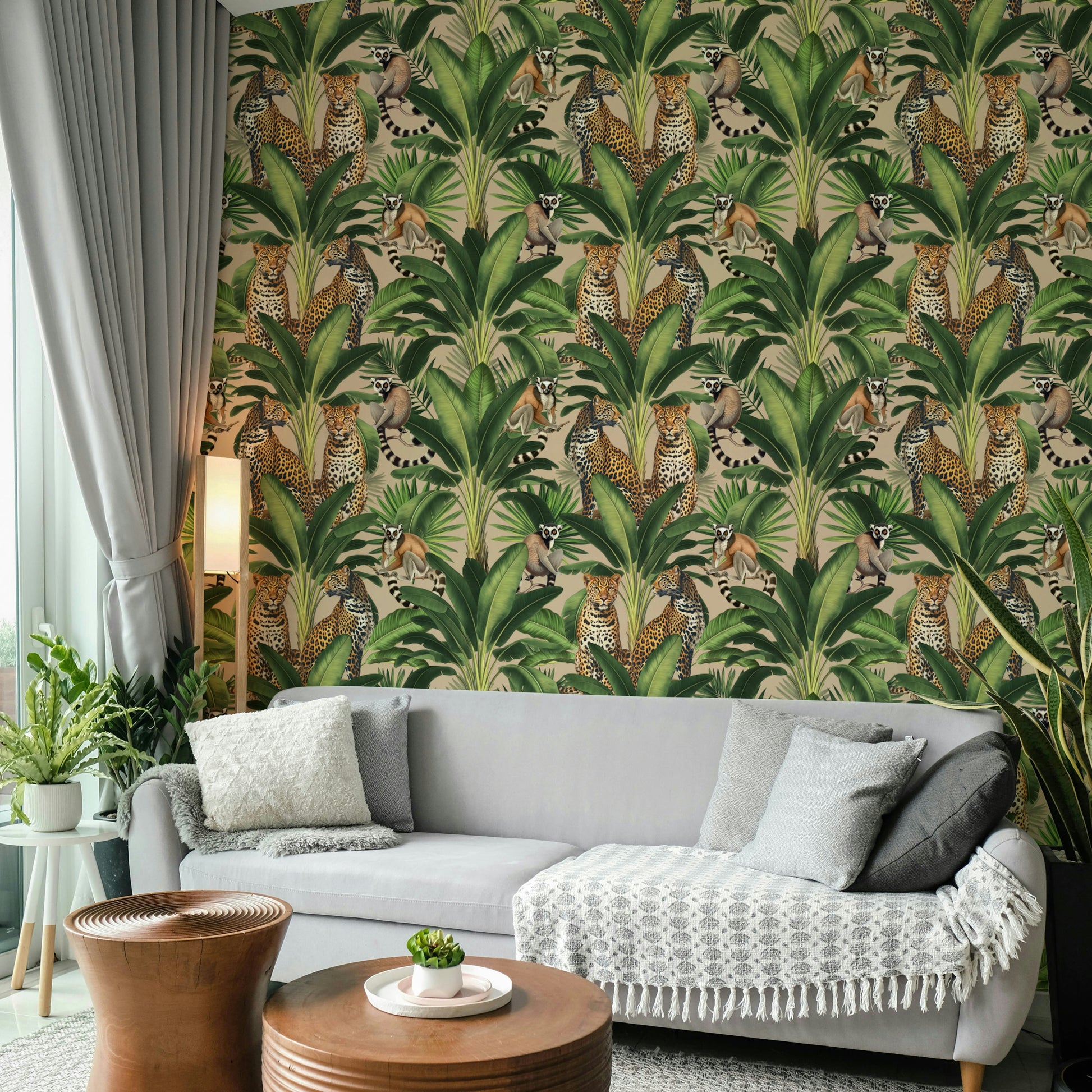 Tropical forest theme wall mural in beige

