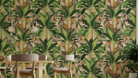 Beige jungle wallpaper with cheetahs and monkeys

