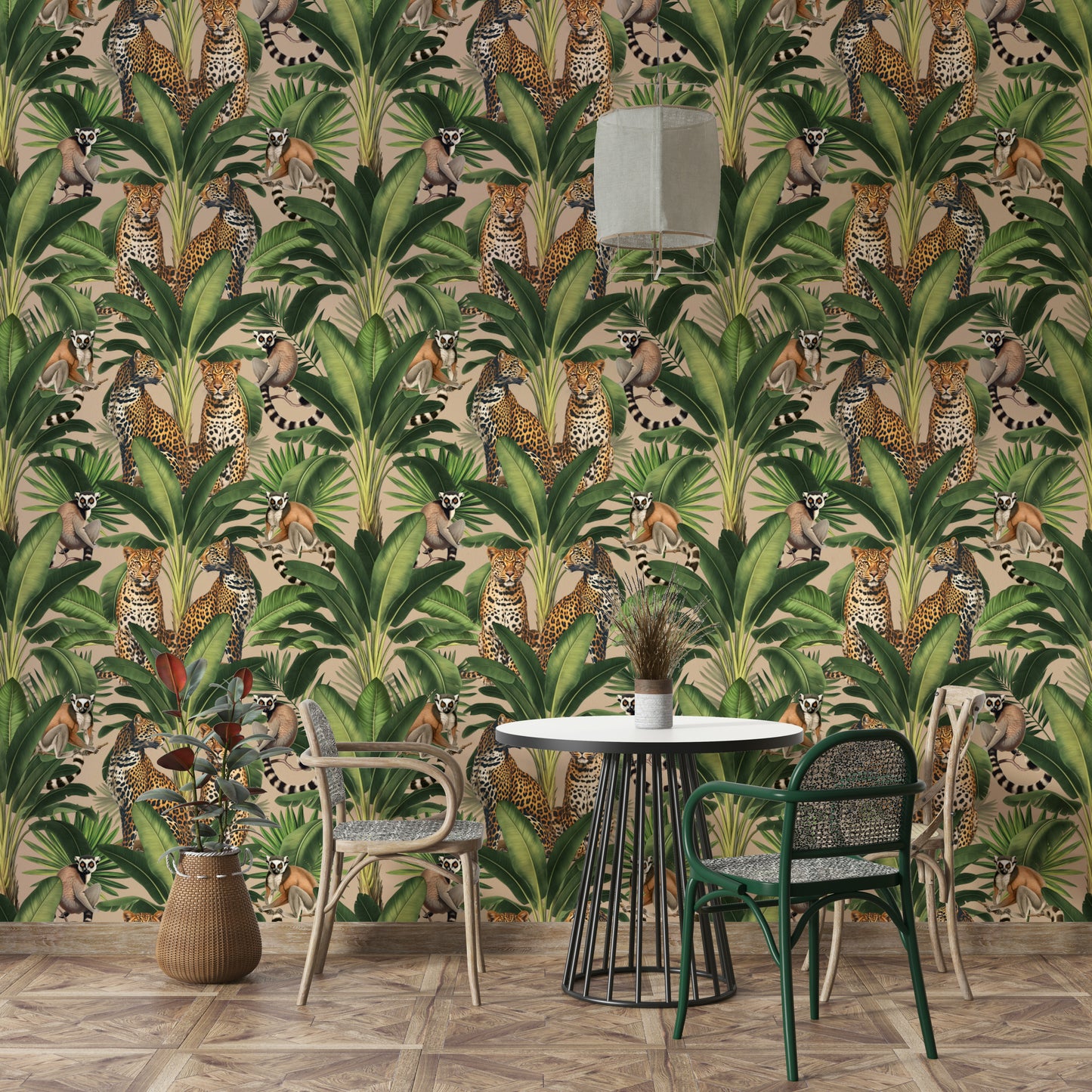 Wildlife mural wallpaper with tropical leaves

