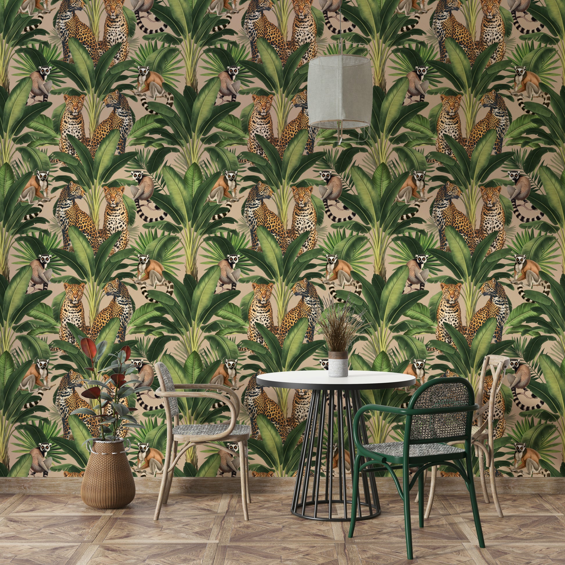 Wildlife mural wallpaper with tropical leaves


