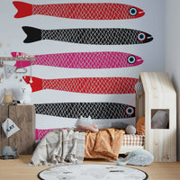 White background with colorful fish print
