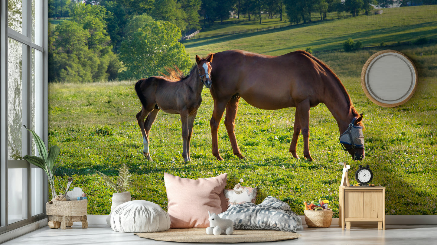 Rustic mural featuring horses in open field