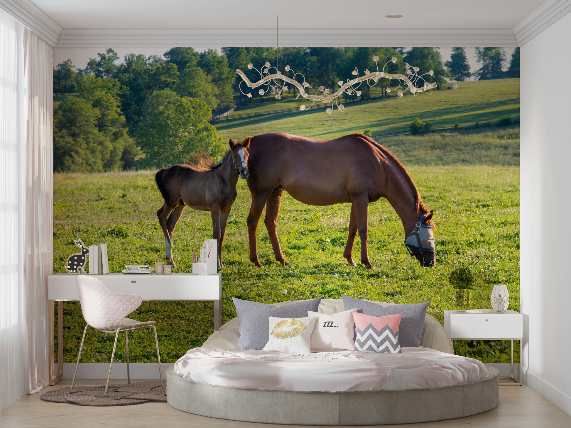 Equine duo mural wallpaper in warm tones
