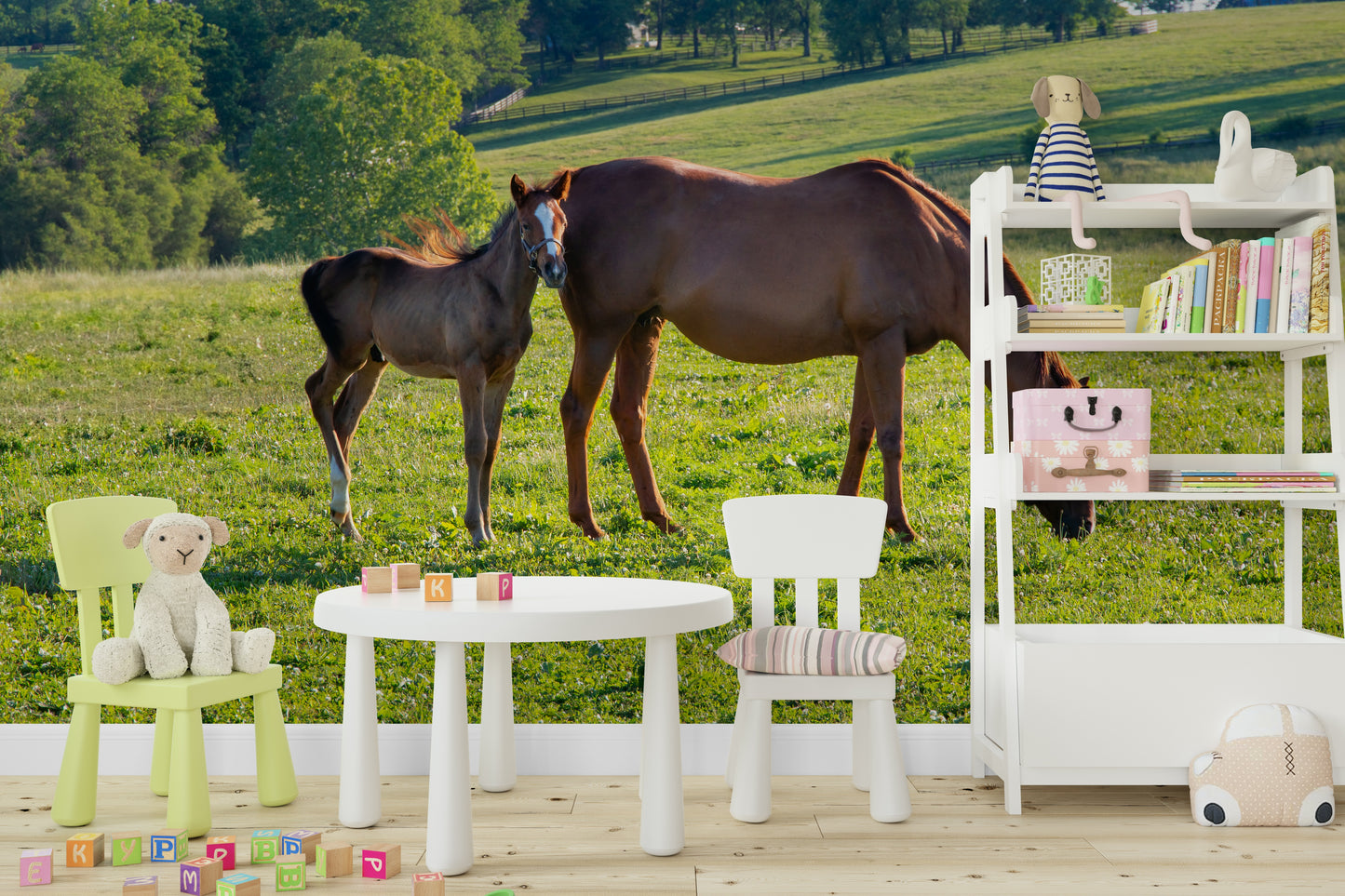 Countryside horse wallpaper with soft sky

