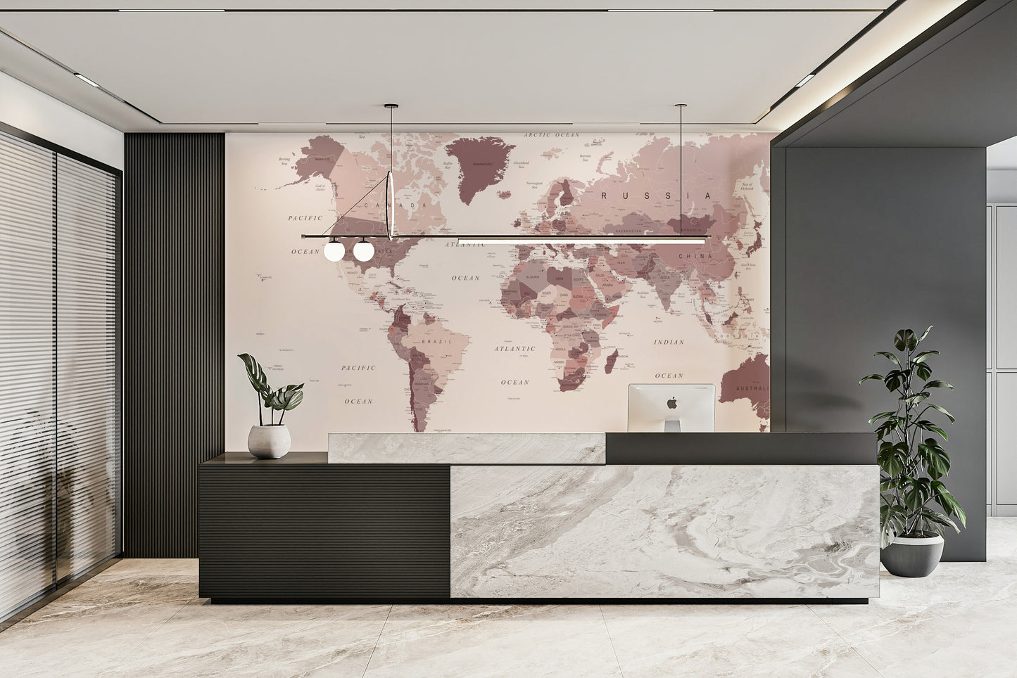 Stylish pink map mural for modern walls

