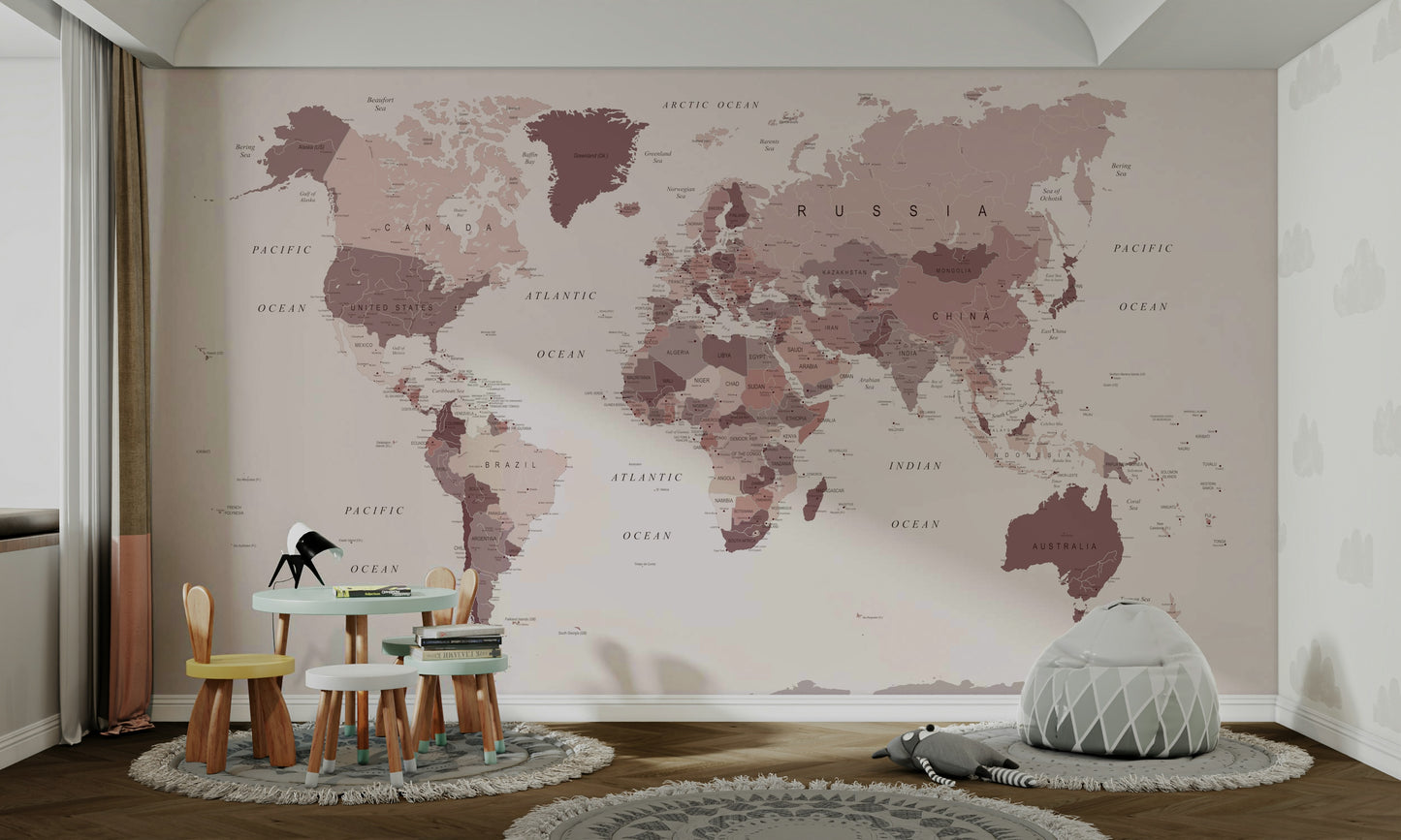 Blush pink cranberry world map mural wallpaper

