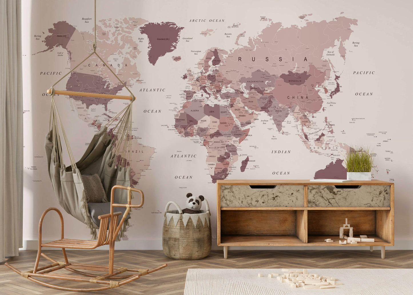 Cranberry tone continents on blush map background

