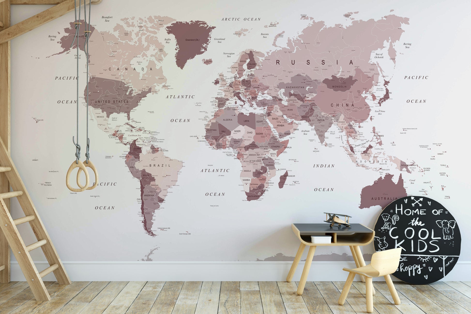 World map wallpaper with deep cranberry accents
