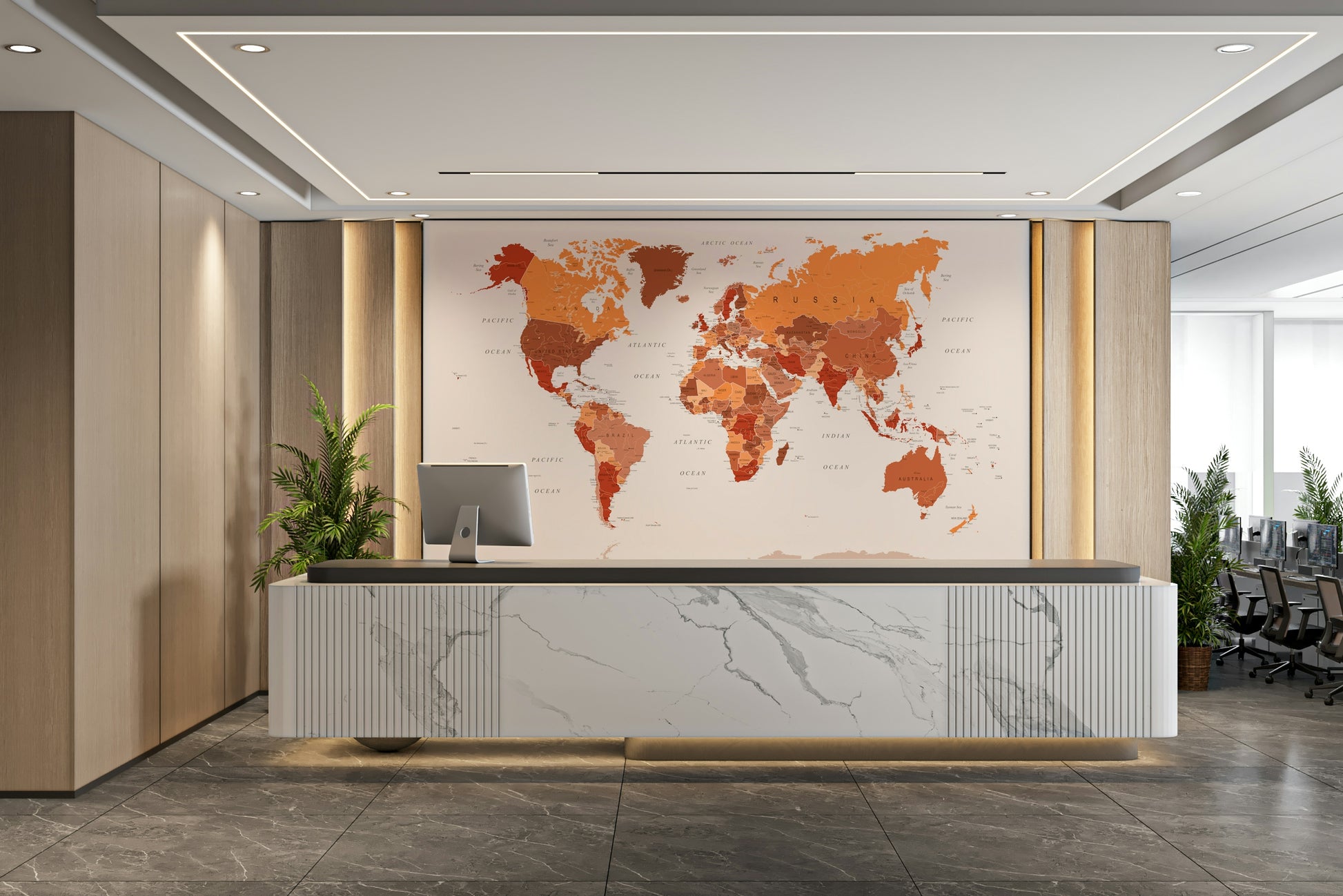 Creative workspace with bold map wallpaper

