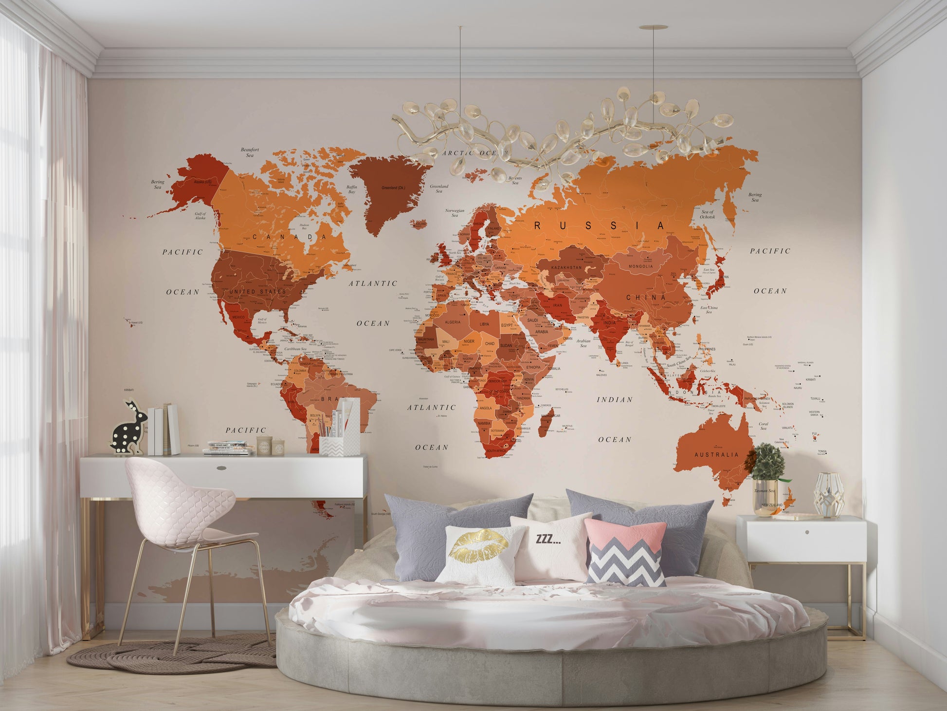 Orange world map pattern on wall mural

