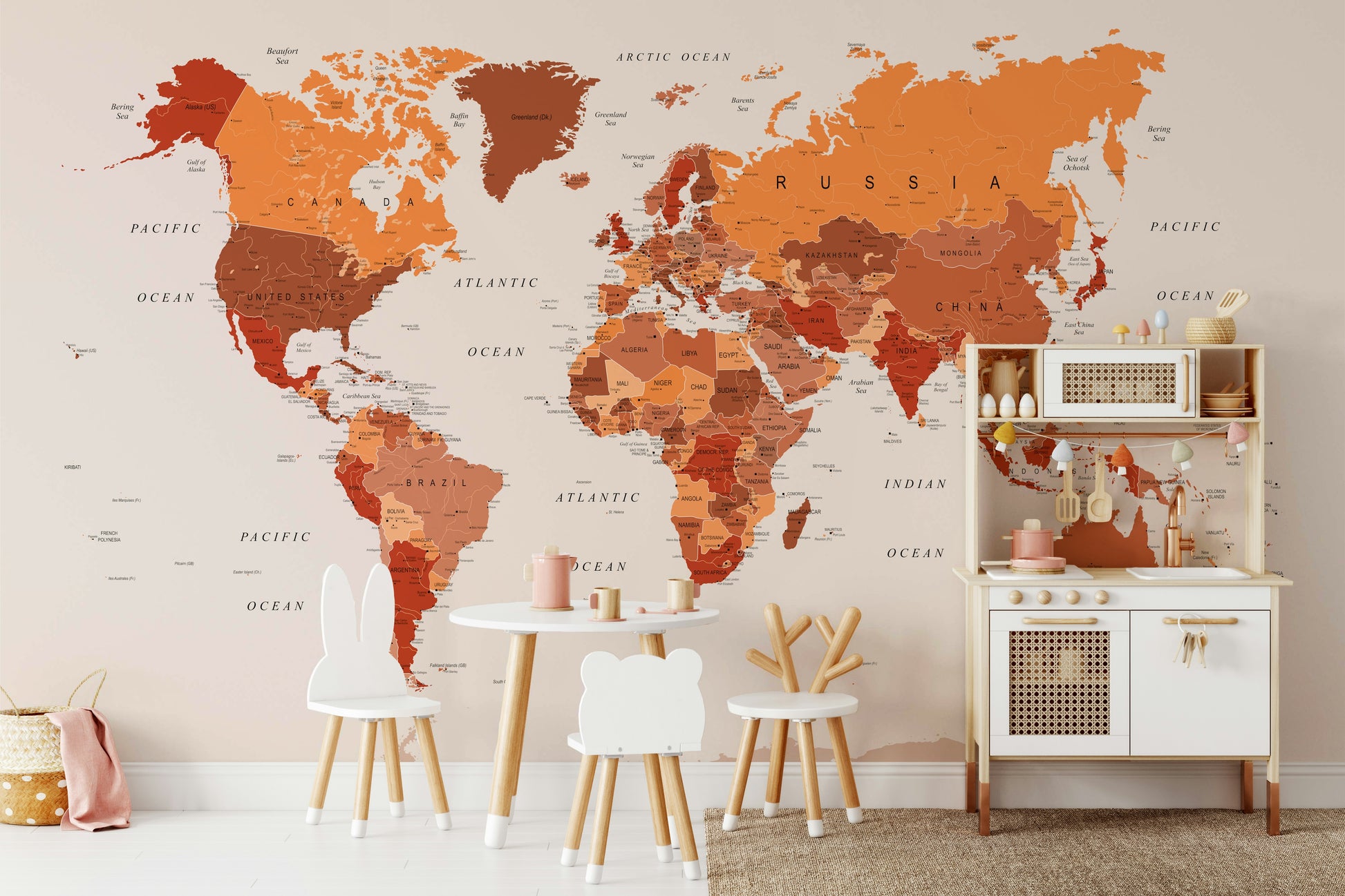Study space with orange map wallpaper
