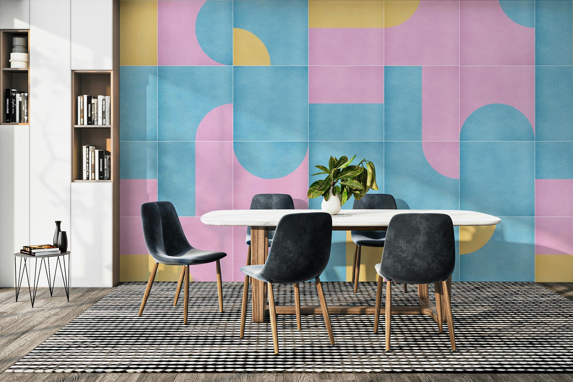 Decorative tile pattern on mural wallpaper
