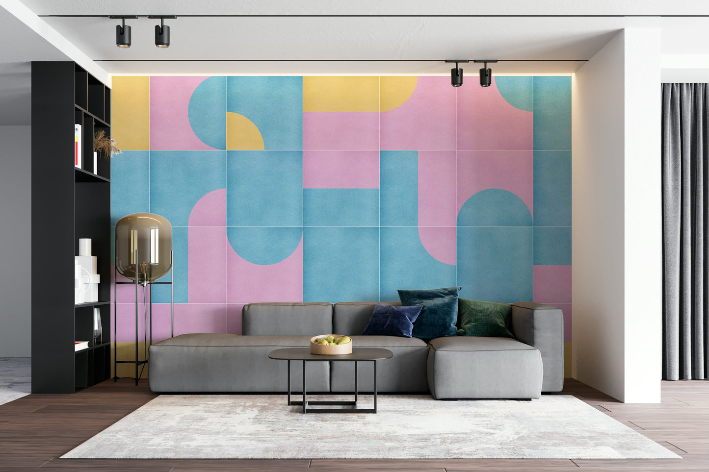 Faded tile design wall mural in soft hues
