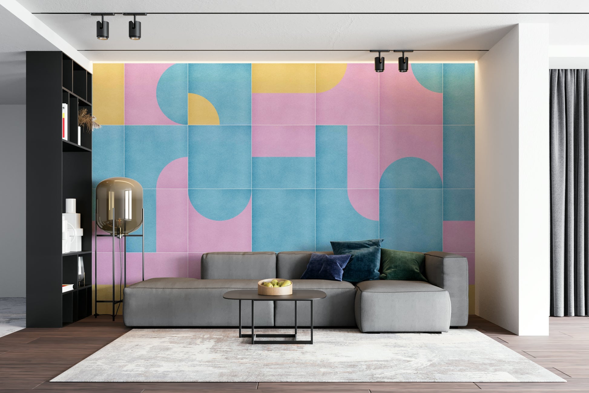 Faded tile design wall mural in soft hues
