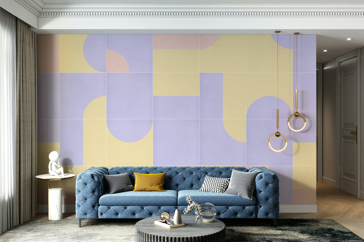 Neutral tones in retro tile mural wallpaper