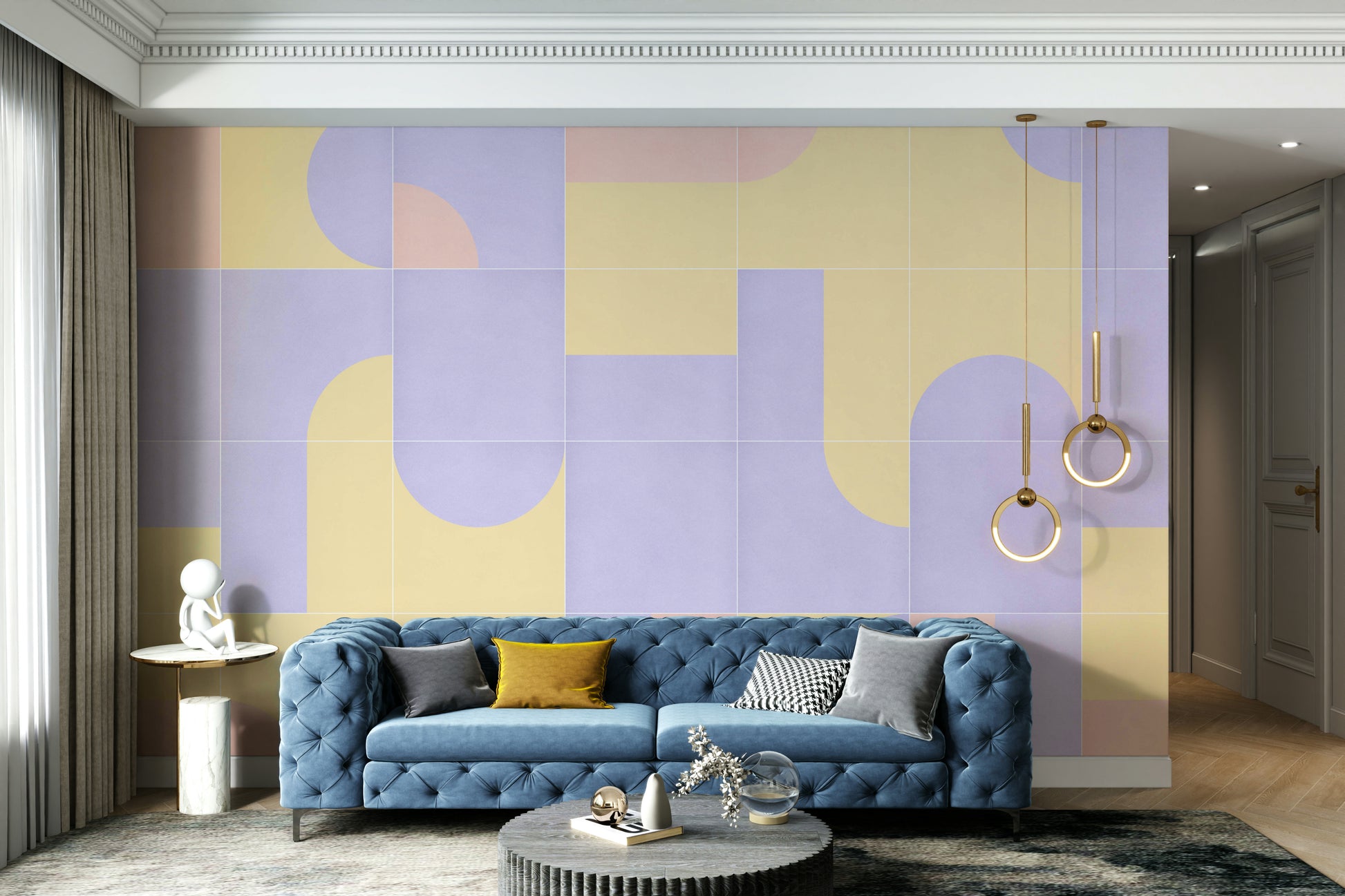 Neutral tones in retro tile mural wallpaper