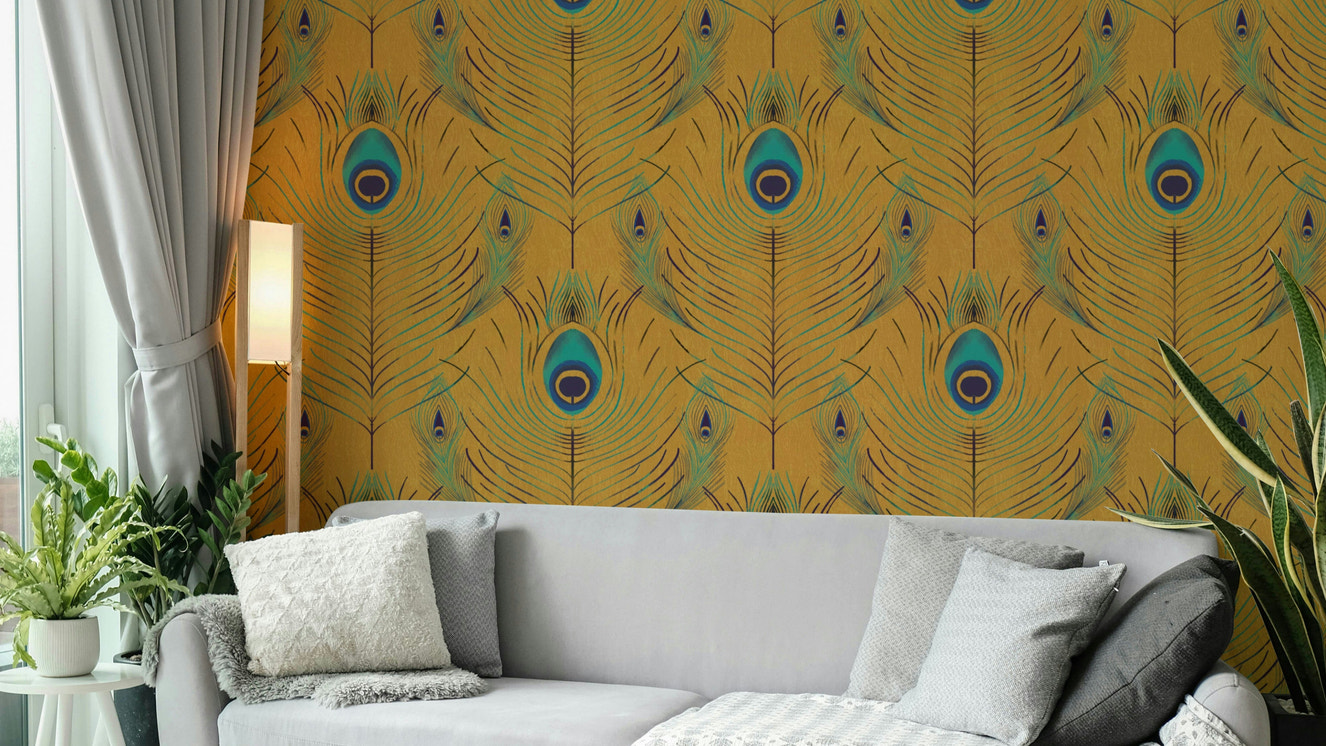 Fine feather detail on gold mural wallpaper
