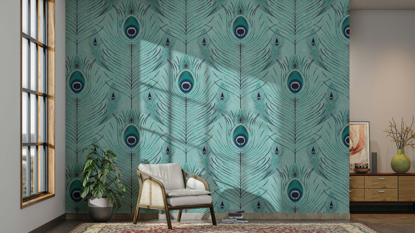 Feature wall with bold blue feather wallpaper
