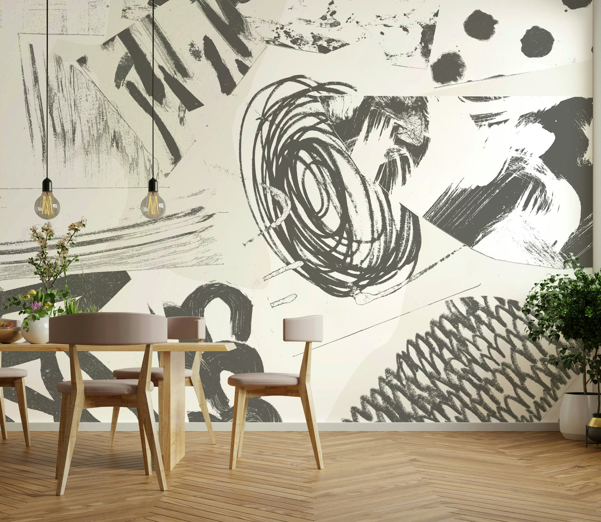 Full view of abstract brushstroke wall mural

