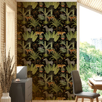 Safari Wildlife Vintage Botanical Black Wallpaper

