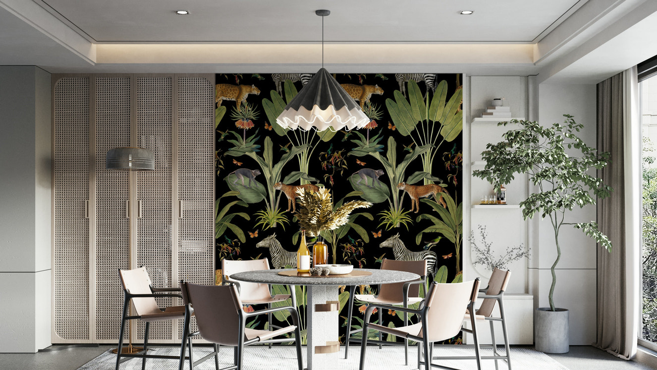Mural wallpaper with safari animals and foliage

