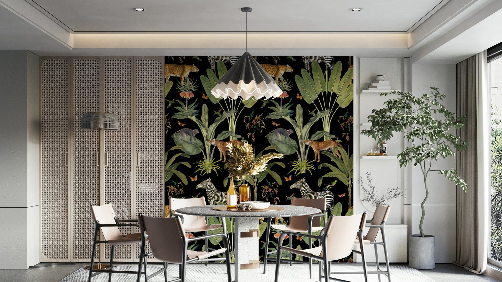 Mural wallpaper with safari animals and foliage

