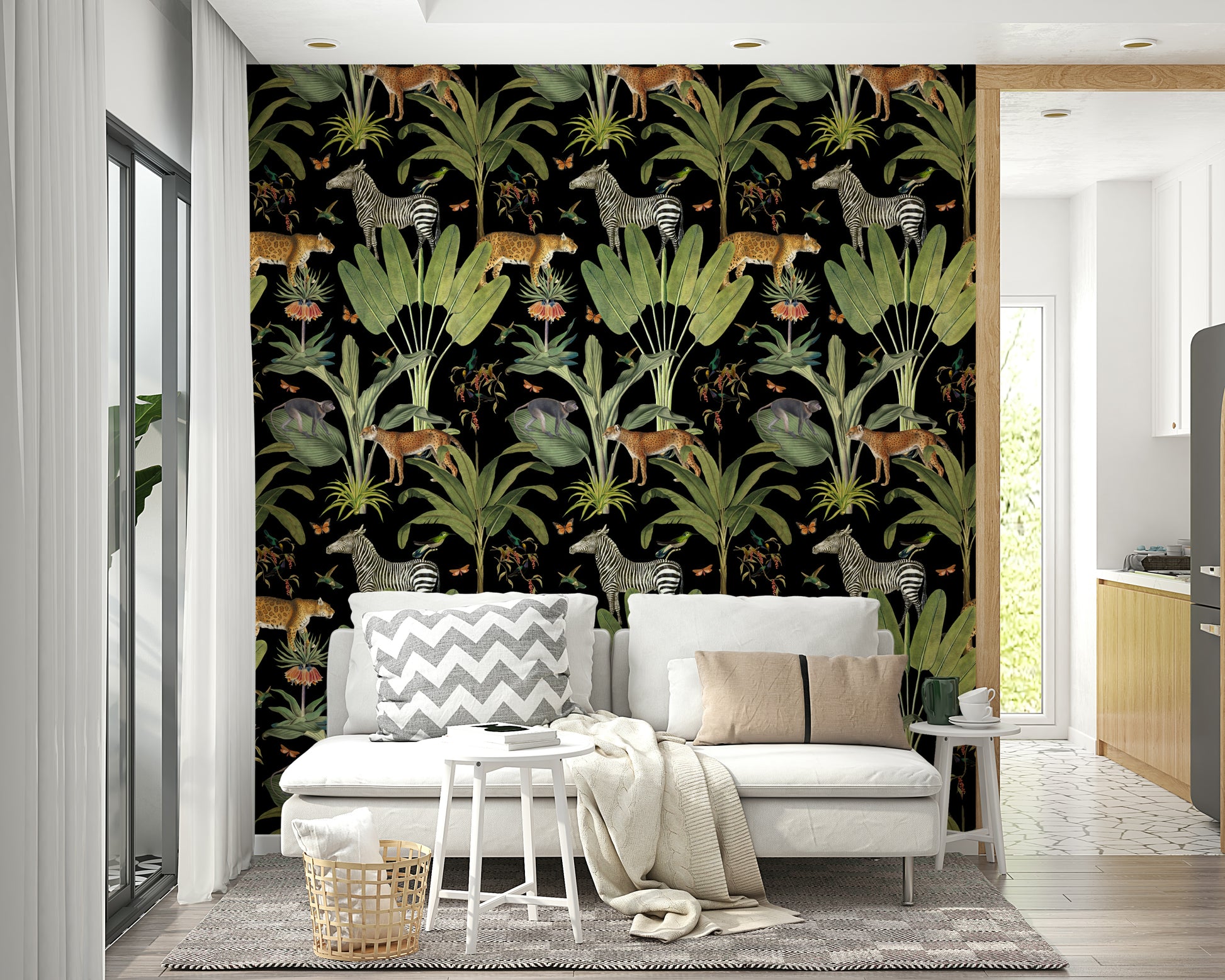 Nature and wildlife mural wallpaper in black

