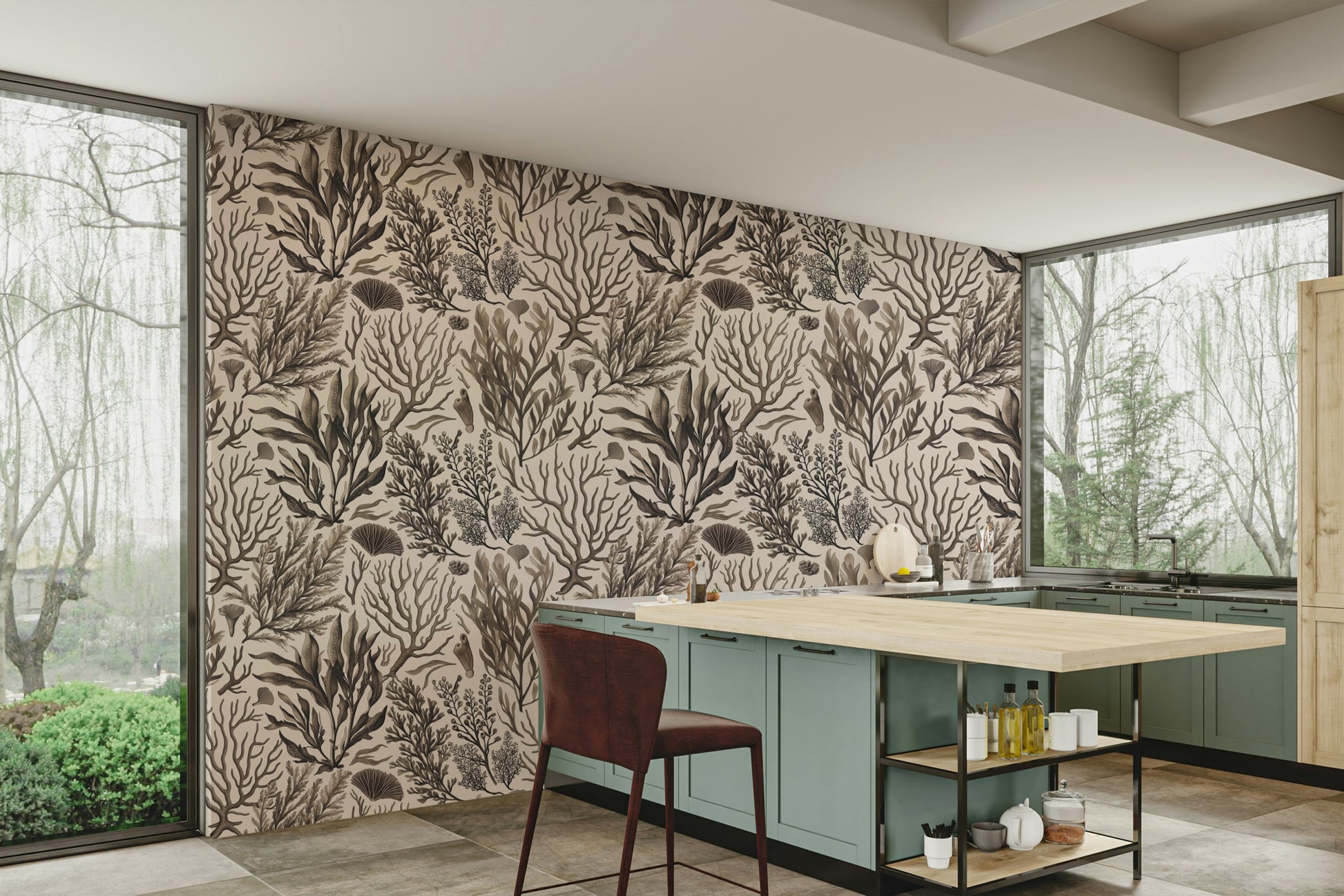 Light ocean foliage wallpaper for calm rooms

