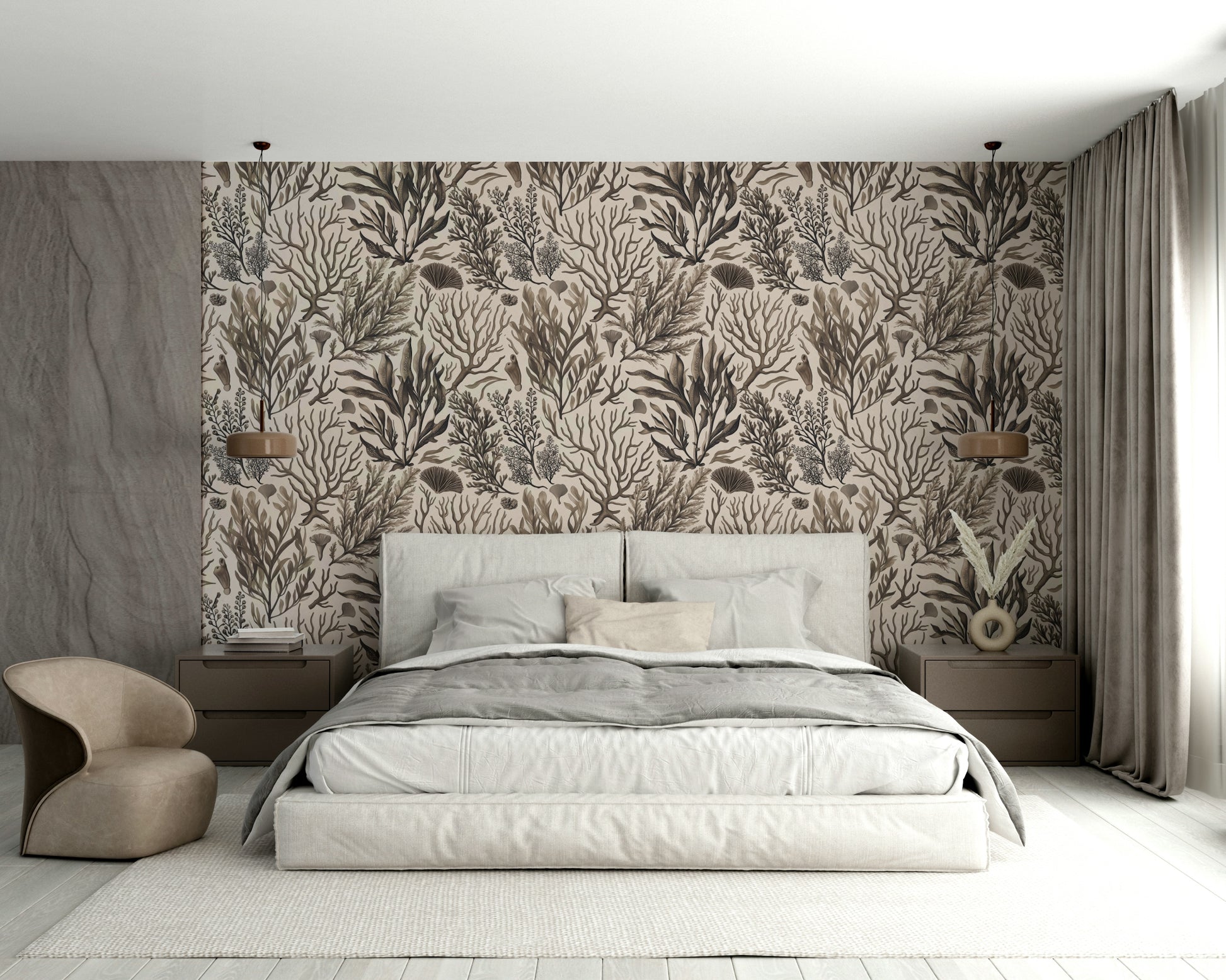 Underwater foliage wall mural in soft tones
