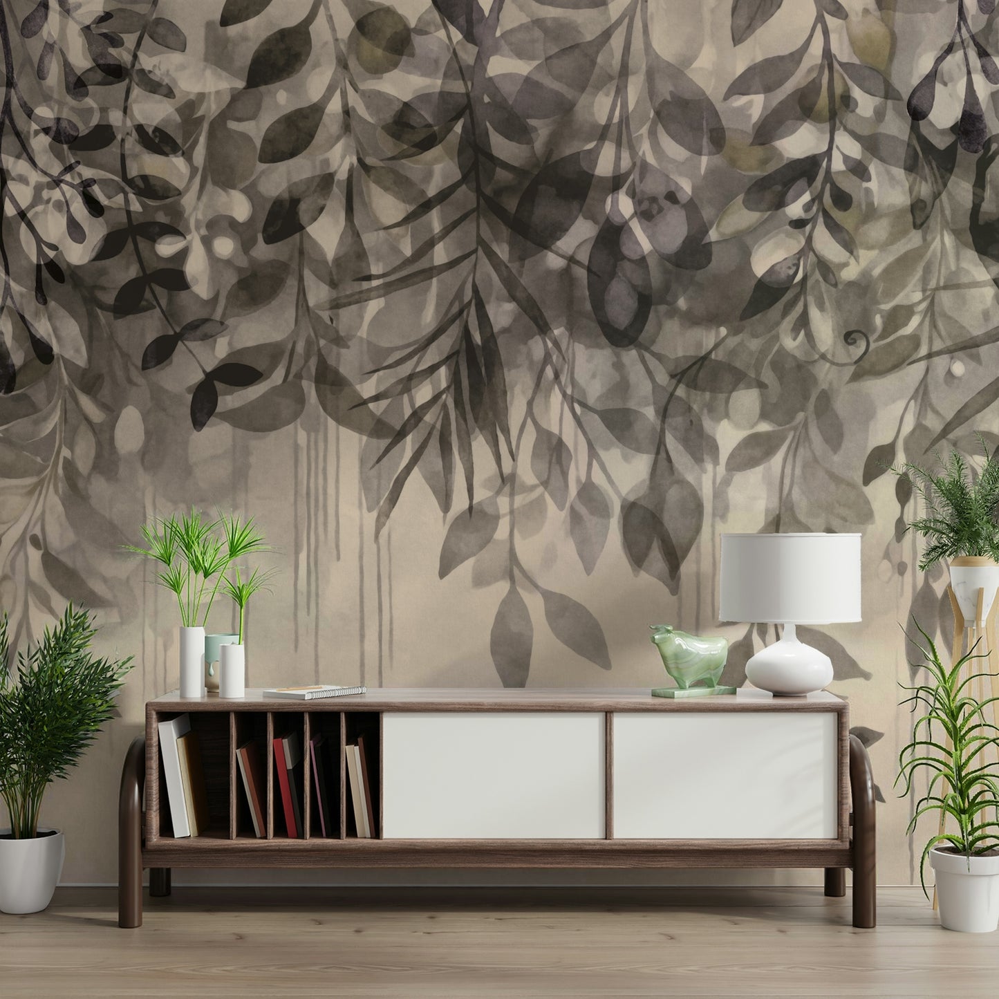 Minimalist botanical wallpaper in beige and grey

