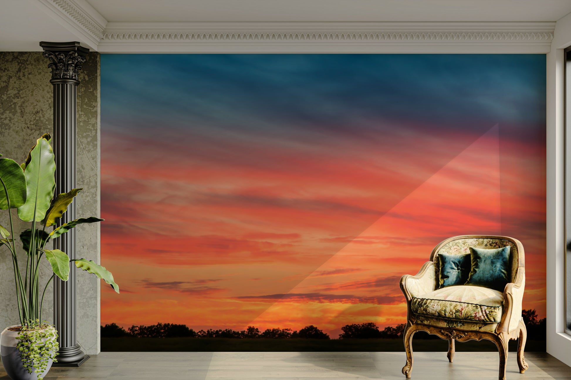 Sunset mural wallpaper with horizon and trees

