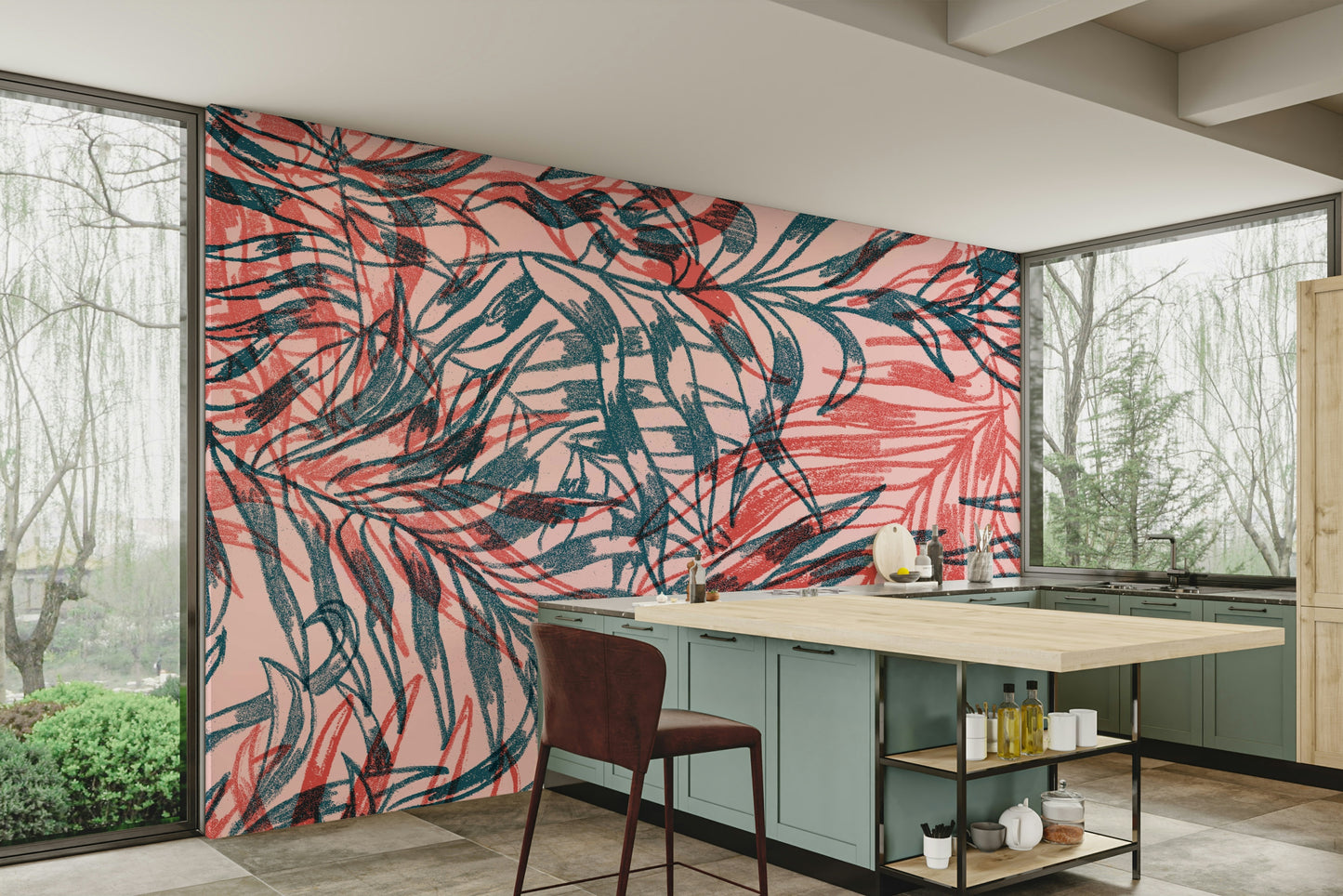 Tropical Foliage in Rouge and Teal Wall Mural

