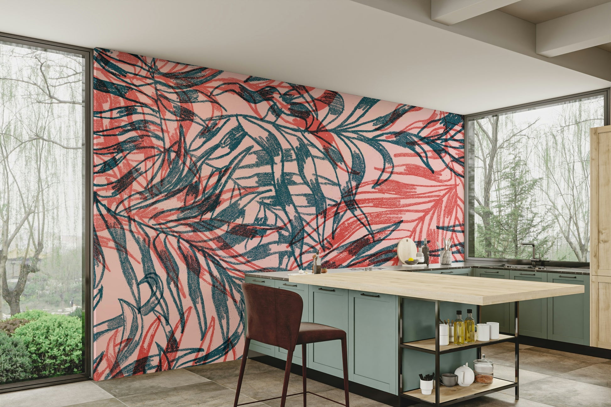 Tropical Foliage in Rouge and Teal Wall Mural


