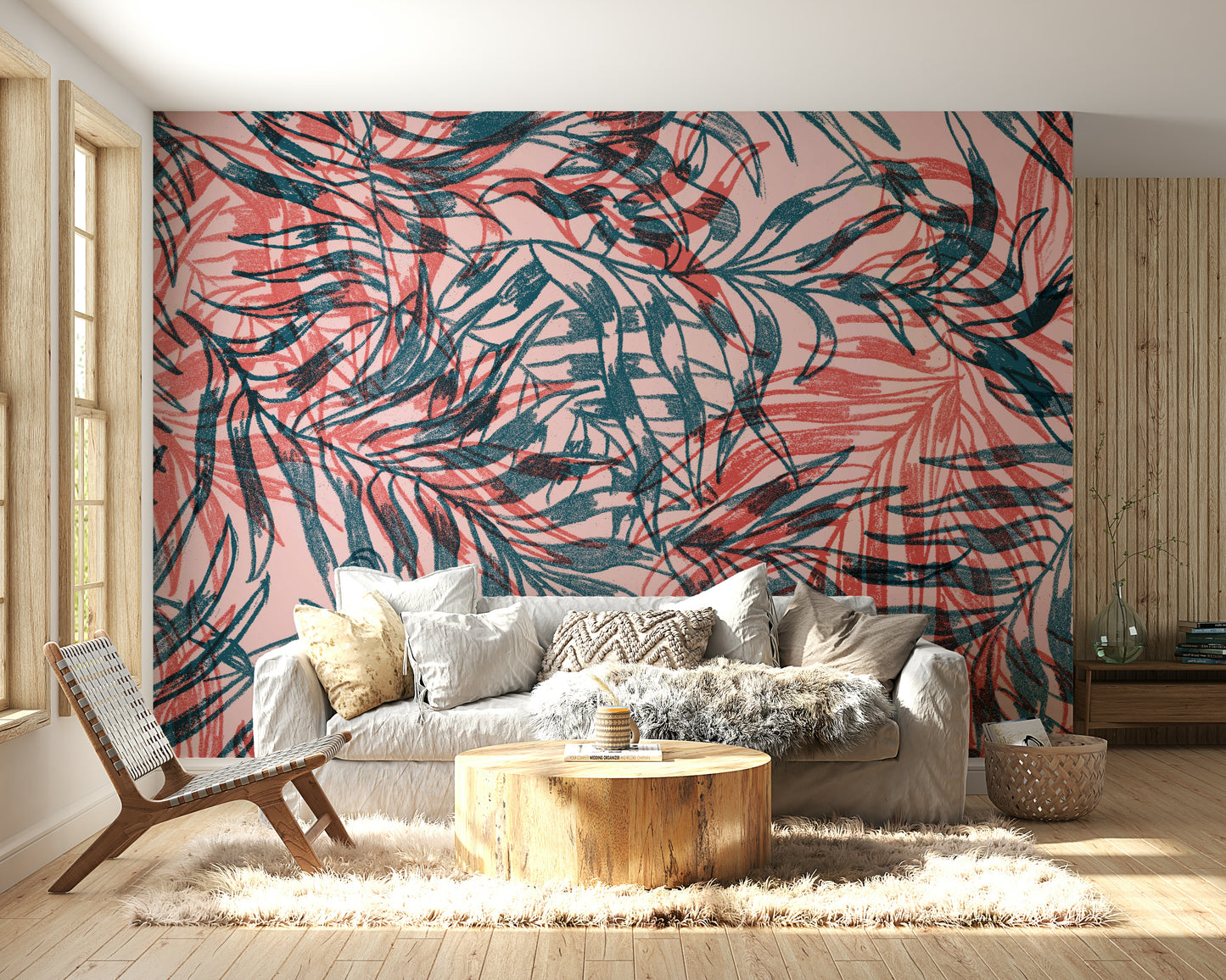 Rouge and teal mural wallpaper for interiors


