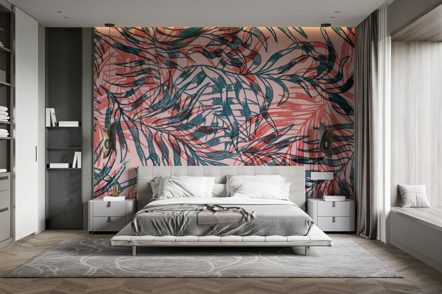 Bold leaf mural wallpaper in red and teal

