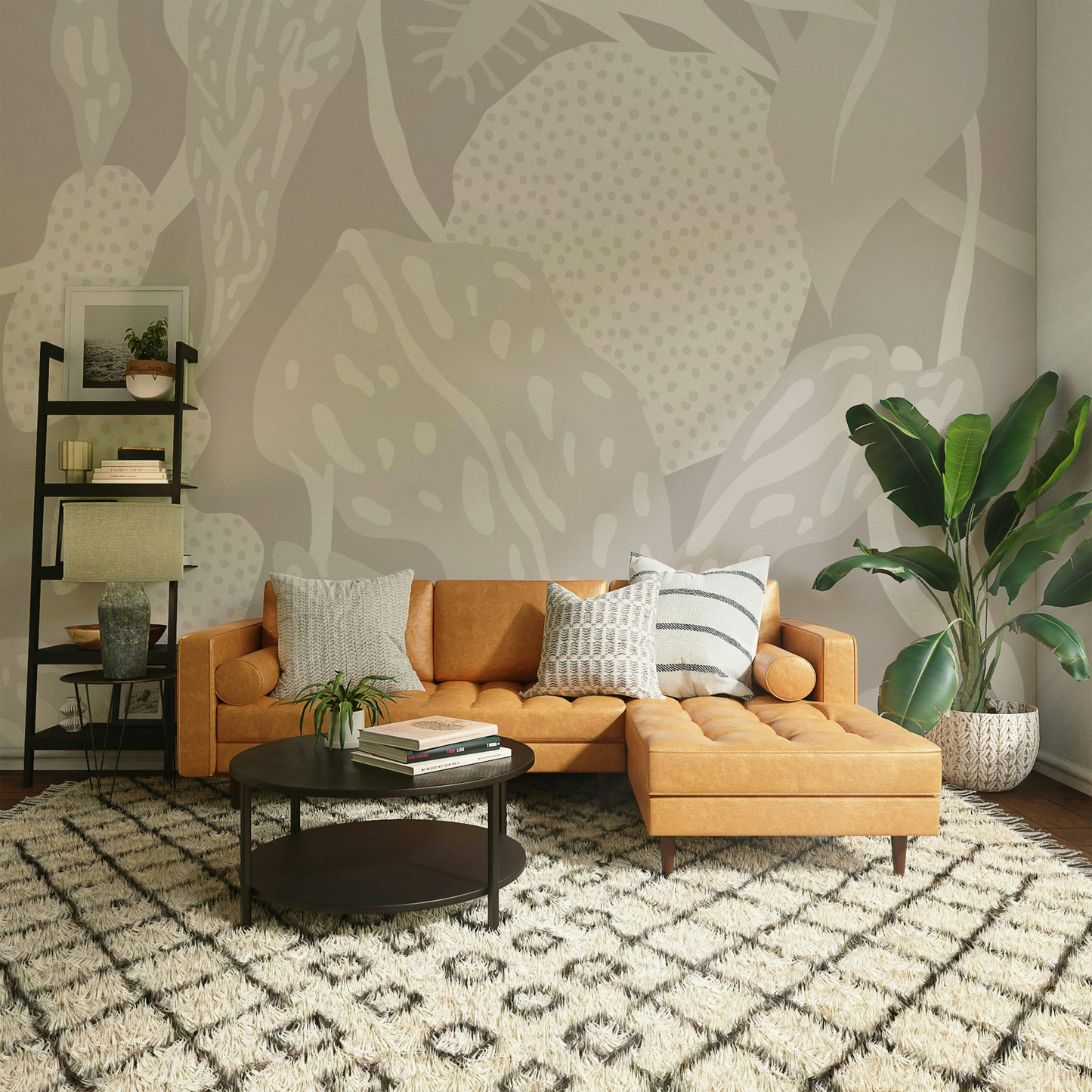 Light leaf mural wallpaper with soft tones

