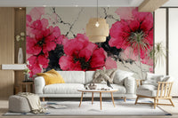 Bedroom wall with red ink blossom mural

