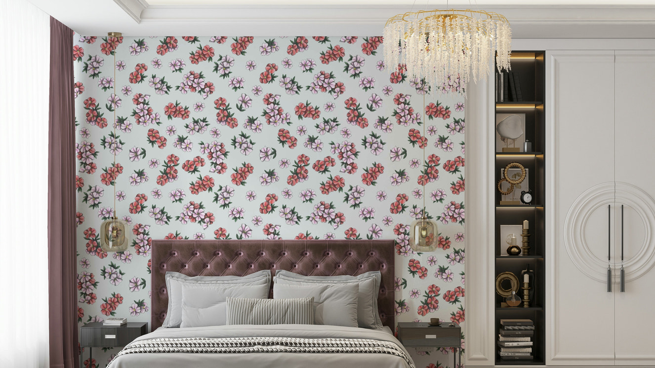 Hand-drawn floral wallpaper on pale background

