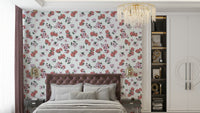 Hand-drawn floral wallpaper on pale background

