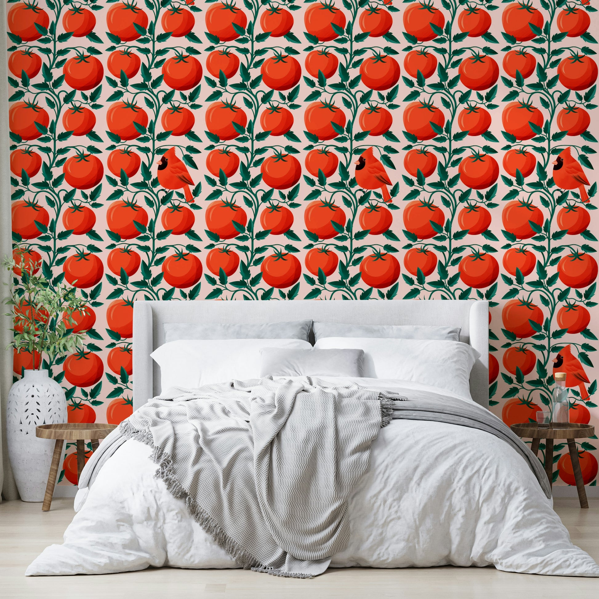 Red tomatoes on green vines pattern

