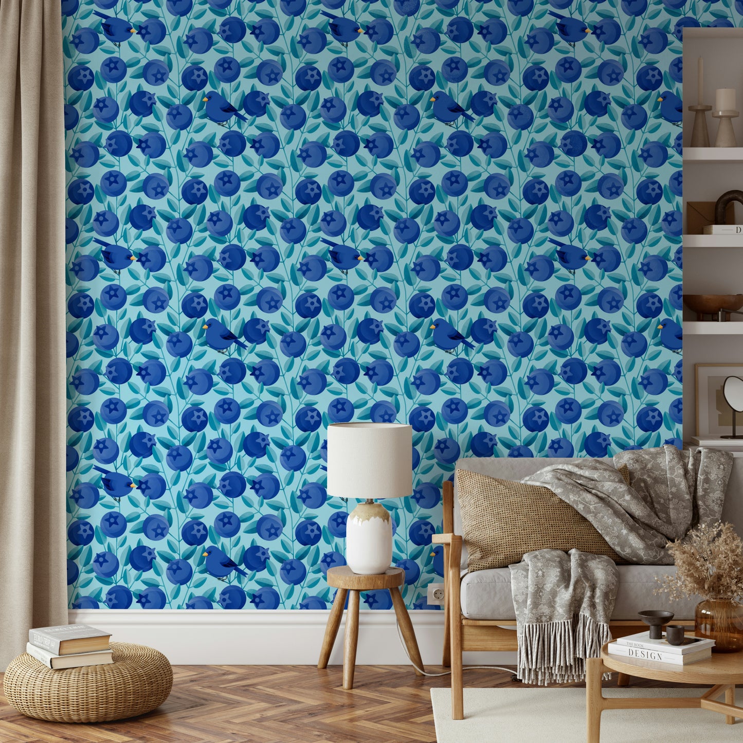 Bluebird and fruit wallpaper for kids’ spaces

