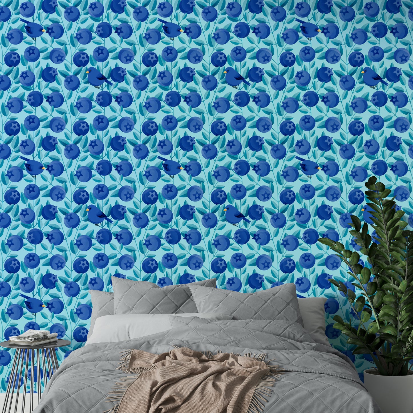 Mural wallpaper with birds hiding in berry vines

